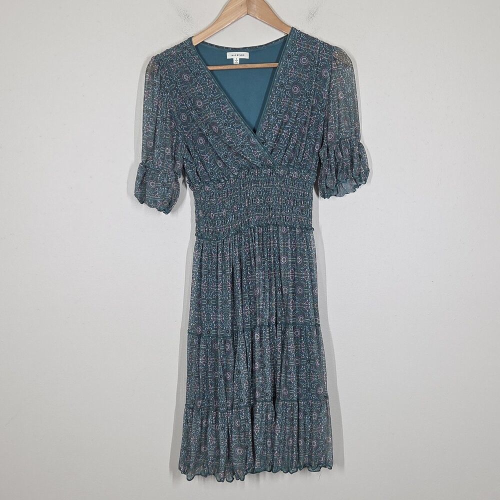 Max Studio Green Dark Floral Mesh Mini Dress Smocked Tiered S Fairy Boho Grunge